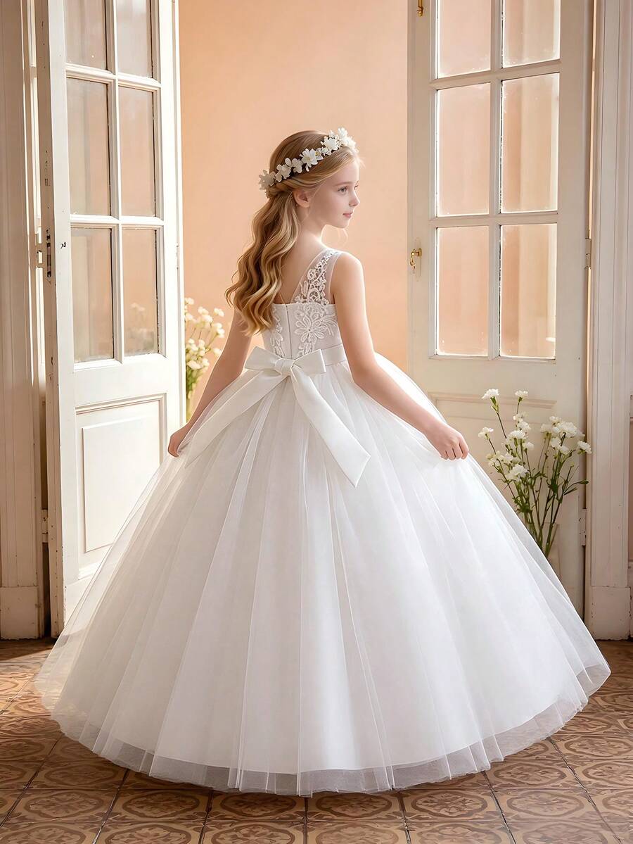 Tween Girls Sleeveless Embroidered Mesh Hostess Dress, Suitable For Evening Parties, Headband Not Included - White - View 1