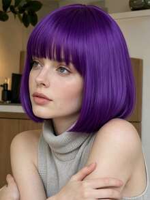 Women's 12 Inch Deep Purple Shoulder-Length Straight Wig With Bangs, High-Temperature Fiber Synthetic Wig, Fashionable Elegant Versatile Style, Suitable For Cosplay, Party, Daily Wear, Universal For All Women, Soft Smooth Easy To Maintain,Halloween - Dark Purple - View 8
