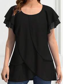 New 2026 Model:Blusa de Talla Grande para Mujer con Mangas Volantes y Bajo Asimétrico en Color Sólido - Negro - Ver 1