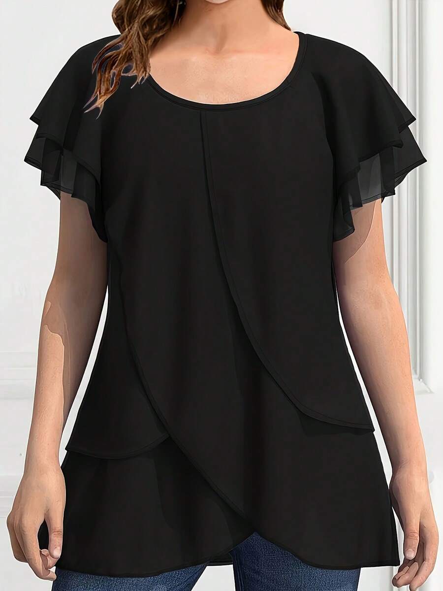 New 2026 Model:Blusa de Talla Grande para Mujer con Mangas Volantes y Bajo Asimétrico en Color Sólido - Negro - Ver 1