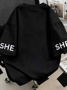 字母印花大尺碼女款上衣，時尚印花短袖設計，休閒黑色夏季款 - 黑色 - 查看 2