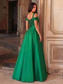 Elegant Formal Party Dress, Heart Neckline Off-Shoulder, Lace-Trimmed Bodice, Perfect For Gala Dinners, Wedding Receptions, Charity Balls - Dark Green - View 2