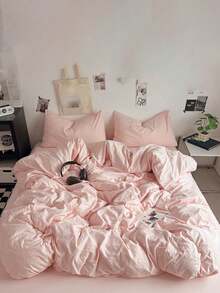 Blue And White Color-Block Washed Polyester Fiber Skin-Friendly 3 PiecesDuvet Cover Set - Baby Pink - View 7