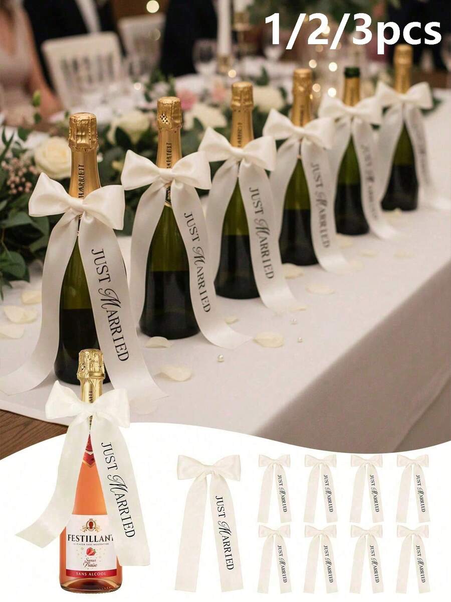 1pc/2pcs/3pcs Polyester Champagne Bottle Decorative Ribbon, White Gift Wrapping Bow, Suitable For Wedding Celebration, Birthday Party, Etc. Users Need To Tie The Bow Themselves. - Multicolor - View 1