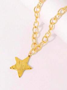 1 pieza Collar con colgante de pentagrama geométrico de acero inoxidable chapado en oro de 18K, estilo punk exagerado - Dorado - Ver 3
