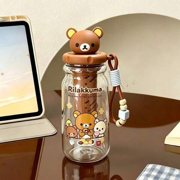 Rilakkuma Taza de viaje portátil estilo pareja Easy Bear con colador de té, cordón desmontable, diseño curativo, 16.9oz