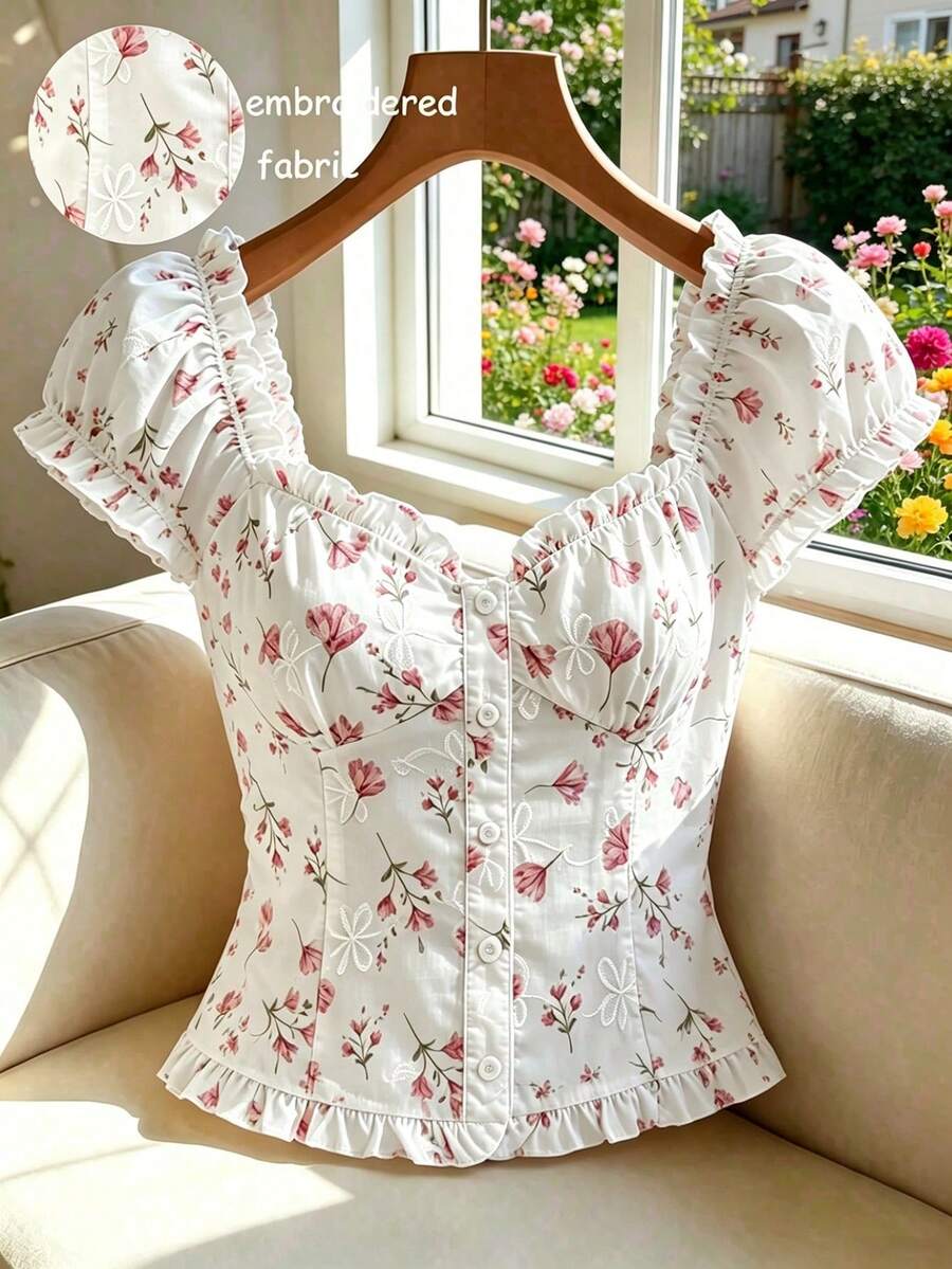 Elegante camisa de mujer con bordado floral en jacquard, disponible en múltiples colores, con diseño de cintura entallada y volantes - Blanco - Ver 1