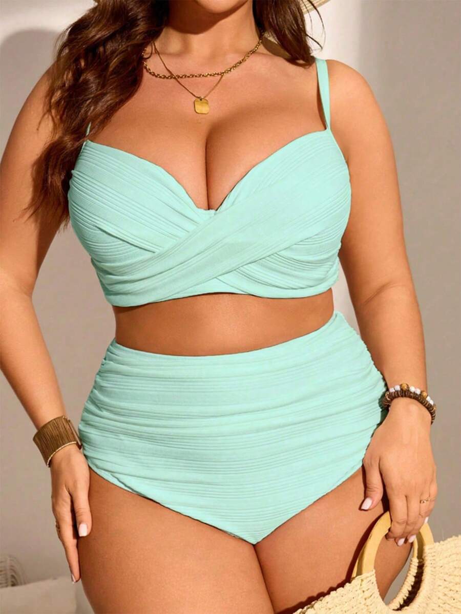 Swim Lushoire Conjunto de bikini tankini de talla de unicolor con recogido para la playa de verano - verde menta - Ver 1