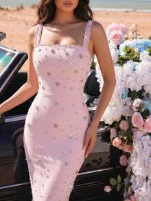 New Sexy Spaghetti Strap Square Neck Backless High-End Hot-Selling Rhinestone Floral Design Solid Color Slimming Long Dress Bridesmaid Dress - Baby Pink - View 9