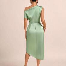 abyoxi Vestido de satén con cuello asimétrico elegante, cintura fruncida, color verde salvia, adecuado para citas, fiestas de cumpleaños, bodas, regreso a casa - Rosa - Ver 8