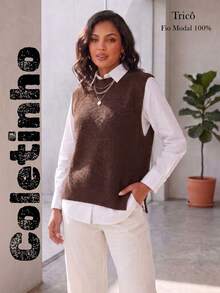 Women's Knitted Vest With Ribbed Crew Neck, Sleeveless, Casual And Elegant Knitwear For Autumn/Winter - 鏽棕色 - 查看 1