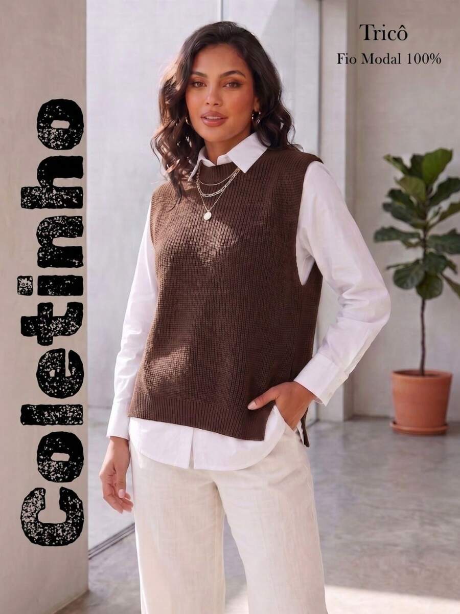 Women's Knitted Vest With Ribbed Crew Neck, Sleeveless, Casual And Elegant Knitwear For Autumn/Winter - 鏽棕色 - 查看 1