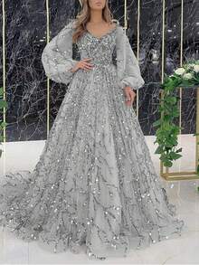 Champagne Beaded Evening Gown For Women V Neck Long Sleeve Tulle Prom Dress With Train Formal Party Ball Gown - 金色 - 查看 9