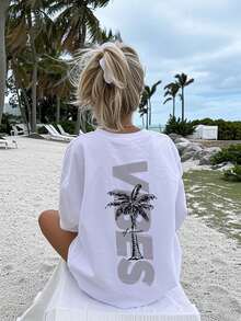 White Oversized Women's T-Shirt With Back Print "Vibes" & Palm Tree Graphic, Casual Round Neck Short-Sleeved Shirt In Summer And Beach Style, Ideal For Leisure And Holidays. - 白色 - 查看 13
