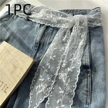 1pc New Sweet Lace Belt, Suitable For Dresses, Jeans, Waist Rope, White Ribbon Scarf Headband - White - View 1