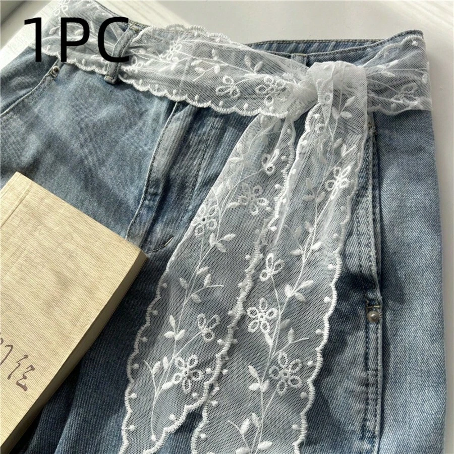 1pc New Sweet Lace Belt, Suitable For Dresses, Jeans, Waist Rope, White Ribbon Scarf Headband - White - View 1