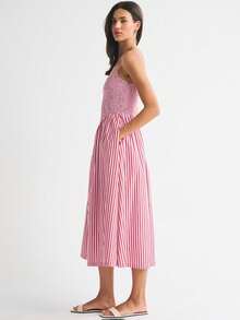 Striped Bandeau Strappy Dress With Open Back And Pockets, A-Line Length - Pink - View 2