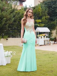 MisShow Elegant Sleeveless Round Neck Maxi Bodycon Dress With Contrast Sequin & Embroidery For Formal Events And Prom - 薄荷綠 - 查看 1
