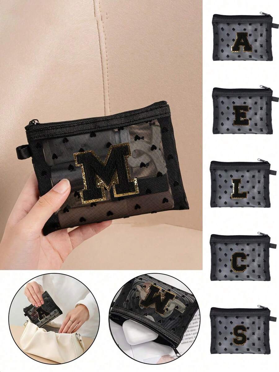 可愛心形透明網格袋,迷你收納袋 - 毛巾刺繡字母 A-Z,便攜式化妝包,多功能旅行便攜包,口紅護膚品收納化妝包,網格拉鍊袋,旅行化妝品收納整理袋,網格盥洗包,包裝收納袋,簡約高級,配件收納,適用於宿舍收納、旅行、商務、游泳、居家收納 - 黑色 - 查看 1