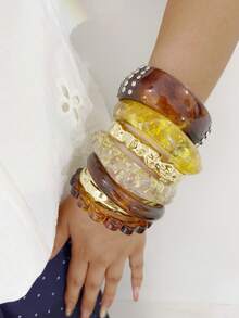 imoli 7pcs/Vintage Tortoise Shell Resin And Gold Polished Stackable Wide Round Bangles Metal Inlaid Bracelets With Gold Foil Decoration, Personalized Wrist Jewelry, Suitable For Beach Vacation, Daily Wear, Party, Club, Date - Multicolor - View 4