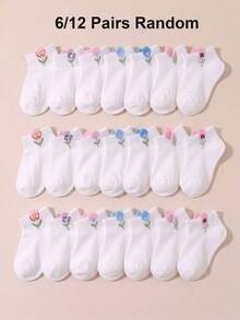 6/12 Pairs Baby Socks, Cute Tulip Flower Print Ankle Socks, Soft No-Show Socks For Newborn Girls, Baby Essentials Newborn, Baby Stuff, Funny Socks - Multicolor - View 1