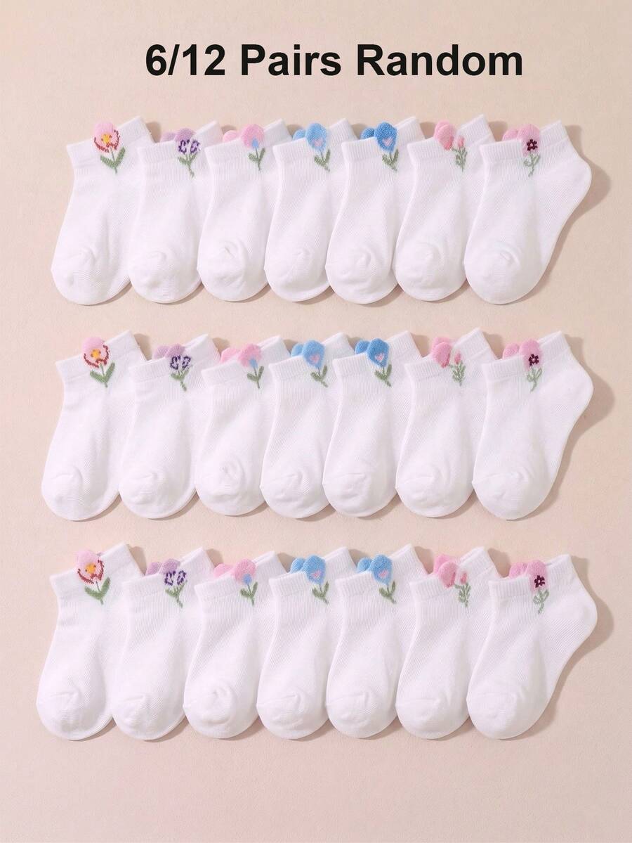6/12 Pairs Baby Socks, Cute Tulip Flower Print Ankle Socks, Soft No-Show Socks For Newborn Girls, Baby Essentials Newborn, Baby Stuff, Funny Socks - Multicolor - View 1