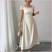 Vestido camisero de mujer de unicolor elegante con cuello redondo, cintura ceñida, manga abullonada y largo midi para el trabajo, vacaciones y té de la tarde, primavera/verano - Azul marino - Ver 6