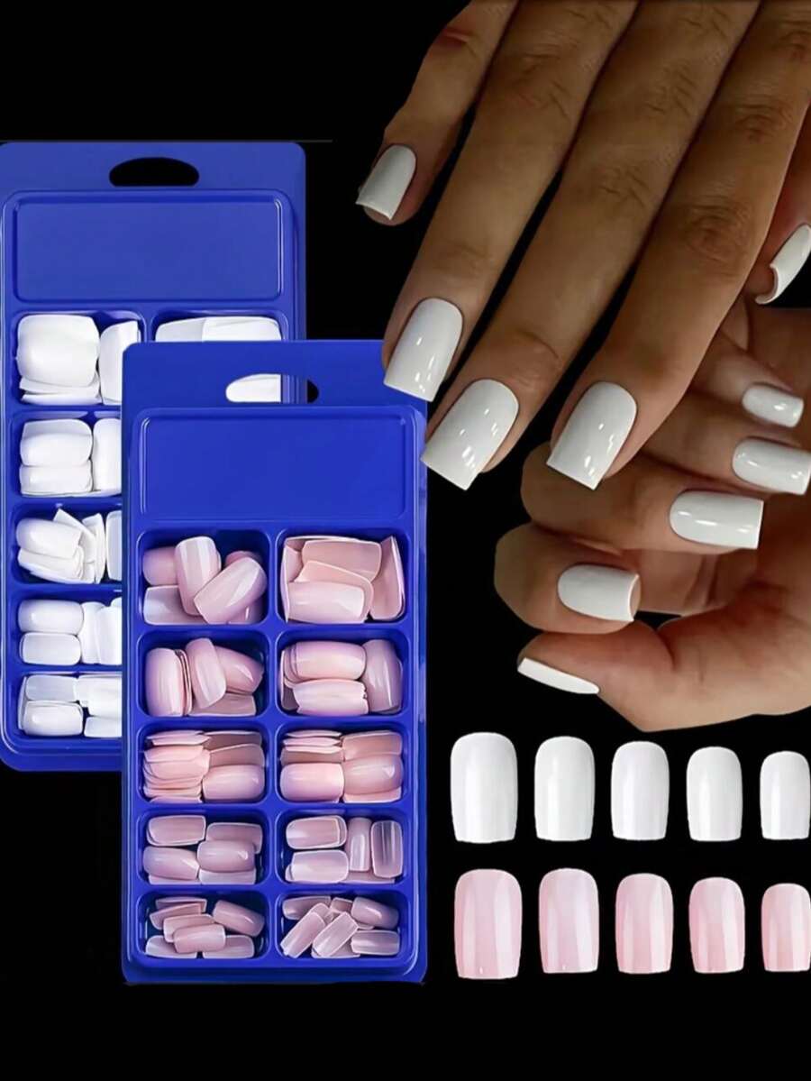 240pcs White And Pink Press On Nails Short Medium Square Wearable Fake Nails Tips Full Cover False Nails Finger Decoration Office Daily Wear False Nails DIY - 彩色 - 查看 1