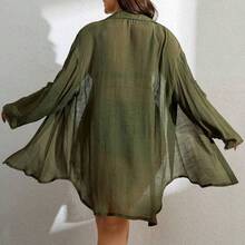 Nana's Women's Clothing Store Swim Vcay Cover up de hombros caídos con parche de bolsillo con botón delantero sin sujetador - verde militar - Ver 3