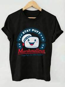 Women's Casual Spring/Summer Style With Round Neck And Short Sleeves, Featuring A Badge-Style Marshmallow Cartoon Pattern - Unisex. EKRY - Black - View 1