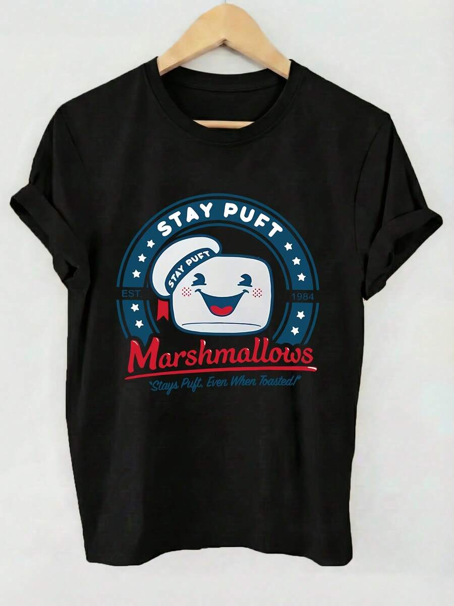 Women's Casual Spring/Summer Style With Round Neck And Short Sleeves, Featuring A Badge-Style Marshmallow Cartoon Pattern - Unisex. EKRY - Black - View 1