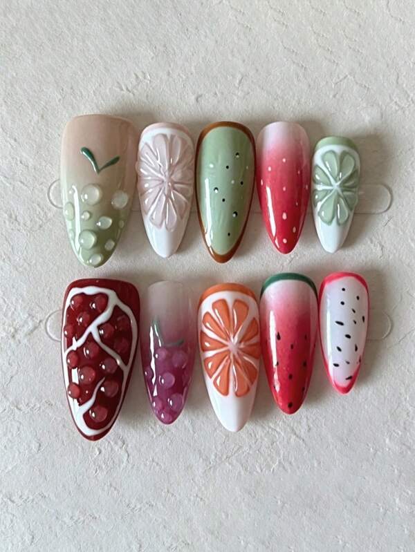 10Pcs Hand-Painted Summer Fruit Press On Nails, 3D Watermelon Kiwi Orange & Grape Design Almond False Nails, Reusable Acrylic Nail Tips With Jelly Glue, For Women Daily & Party