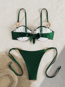 Bộ bikini hai mảnh phong cách nghỉ dưỡng nữ màu thép, kèm túi tote, dây đeo vai và trang trí eo bằng kim loại, phù hợp cho kỳ nghỉ hè trên đảo - Màu xanh lá cây đậm - Xem 3