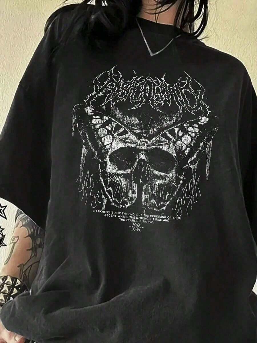 Camiseta Gótica para Mujer con Letras y Alas de Murciélago - Camiseta Oversize de Manga Corta y Cuello Redondo, Elegante y Casual, Blanca con Diseño Gótico Negro, Ropa Casual Transpirable pa - Negro - Ver 1