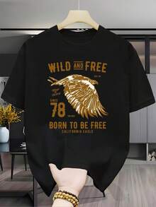 Camiseta de hombre% algodón, base negra con diseño de águila californiana dorada, combinación de patrón de alas y texto, diseño de estilo libre y atrevido, unisex (para hombres y mu - Blanco - Ver 7