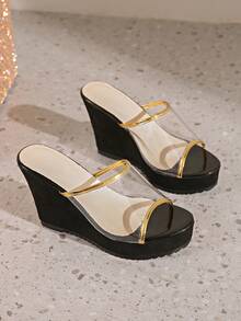 Women's New Black Transparent Round Toe Open Toe One-Piece PVC Upper, Wedge Heel Thick Sole Slip-On Sandals, Transparent PVC With Gold Thin Strap Splicing, Nude Feel Refreshing, Toe-Split Style Fits Foot Shape, High Waterproof Platform Wedge Heel Stable, Simple Fashion Style, Suitable For Beach, Commute, Daily Multi-Scene, Versatile Sandals - Black - View 2
