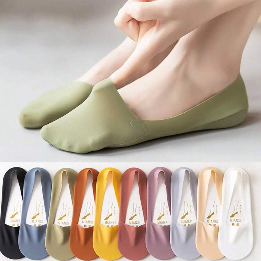 5 Pairs Ice Silk Low-Cut No-Show Socks For Women, Summer Thin Non-Slip Anti-Slip Heel Socks For High Heels, Random Packaging Card - Multicolor - View 1