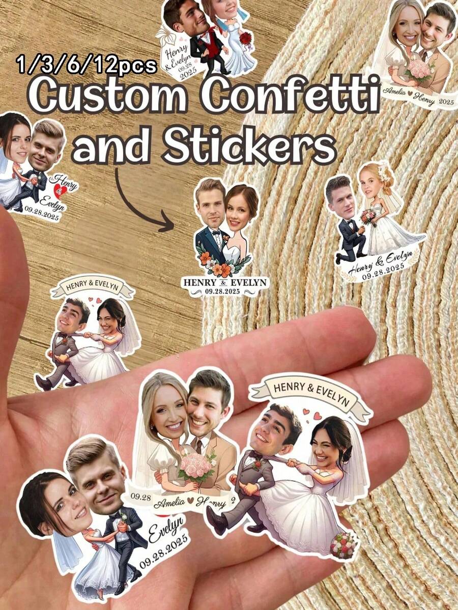 1/3/6/12PCS Customized Portrait Photo Stickers,Personalized Portrait Stickers,Customized Text Stickers,Her Exclusive Stickers,Suitable For Birthday,Wedding,Housewarming,Family Use,Personal Items,Fashionable And Unique,Ideal For Gifting To Friends - Multicolor - View 1