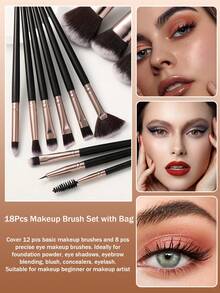 18/24Pcs Total Makeup Tool Kit, 18Pcs Makeup Brushes Set, Soft Synthetic Cosmetic Brushes For Foundation& Eyeshadow, Includes 3pcs Makeup Sponges And 3pcs Triangle Powder Puffs, Multifunctional Cosmetic Accessories For Daily Face Makeup - Black - View 2