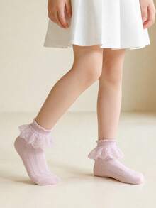 3 pares de calcetines de encaje de algodón de unicolor para niños, con volantes de princesa, versátiles para fiestas y baile - Multicolor - Ver 3