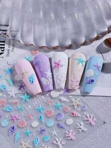 2件組 5D 浮雕海洋美甲貼紙，海星貝殼珊瑚圖案，自黏式沙灘美甲貼，DIY 夏季美甲藝術 - 彩色 - 查看 5
