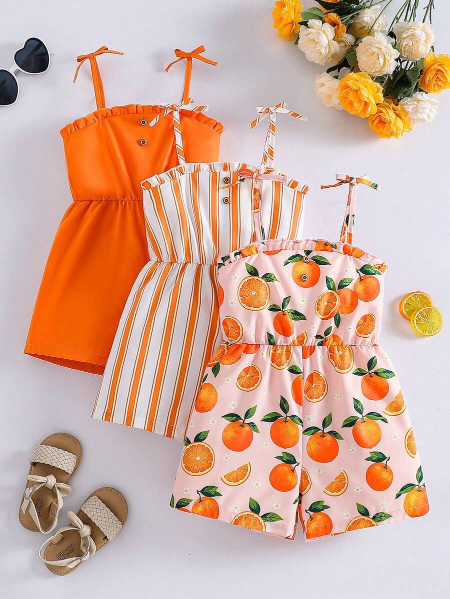 3pcs/Set Girls' Summer Fashion Casual Strap Bow Jumpsuit - Orange - View 1