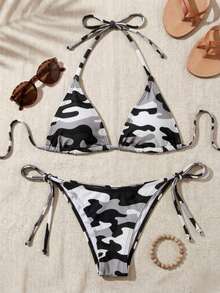 Summer Women's Sexy Retro Colorblock Camouflage Print Swimsuit Set, Suitable For Beach Vacation, Adjustable Drawstring Design - Black, White and Gray Camouflage - View 6