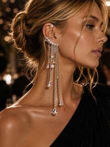 FAAABULS 1pc Shiny Crystal Tassel Ear Clip With Pearl Decor, Long Rhinestone Chain Earrings, Women's Evening Party Jewelry - EH2091 - View 1