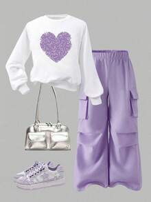 Tween Girl Cartoon Print Warm Crew Neck Sweatshirt And Cargo Pants - White - View 2