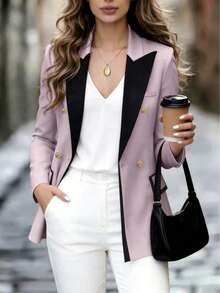 Blazer casual y elegante de manga larga con botones y contraste de color rosa para mujer, primavera - Púrpura malva - Ver 1
