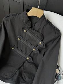 GMFP Women's Casual Elegant Fashion Loose Stand Collar Short Jacket Black - Black - View 8