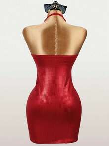 Short Fitted V-Neck Halter Neck Dress With Open Back - Red - View 4