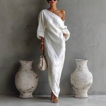 Women's One Shoulder Maxi Dress Loose Fit Batwing Sleeve Elegant Vacation Beach Dress - 白色 - 查看 1