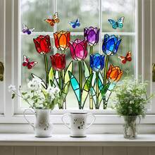 1pc Stained Glass Style Colorful Tulip Butterfly Window Decal. Vibrant Colorful Tulips With Flying Butterflies, Self-Adhesive Removable Glass Sticker For Kitchen Bathroom Living Room Bedroom Home Decor. - Multicolor - View 6